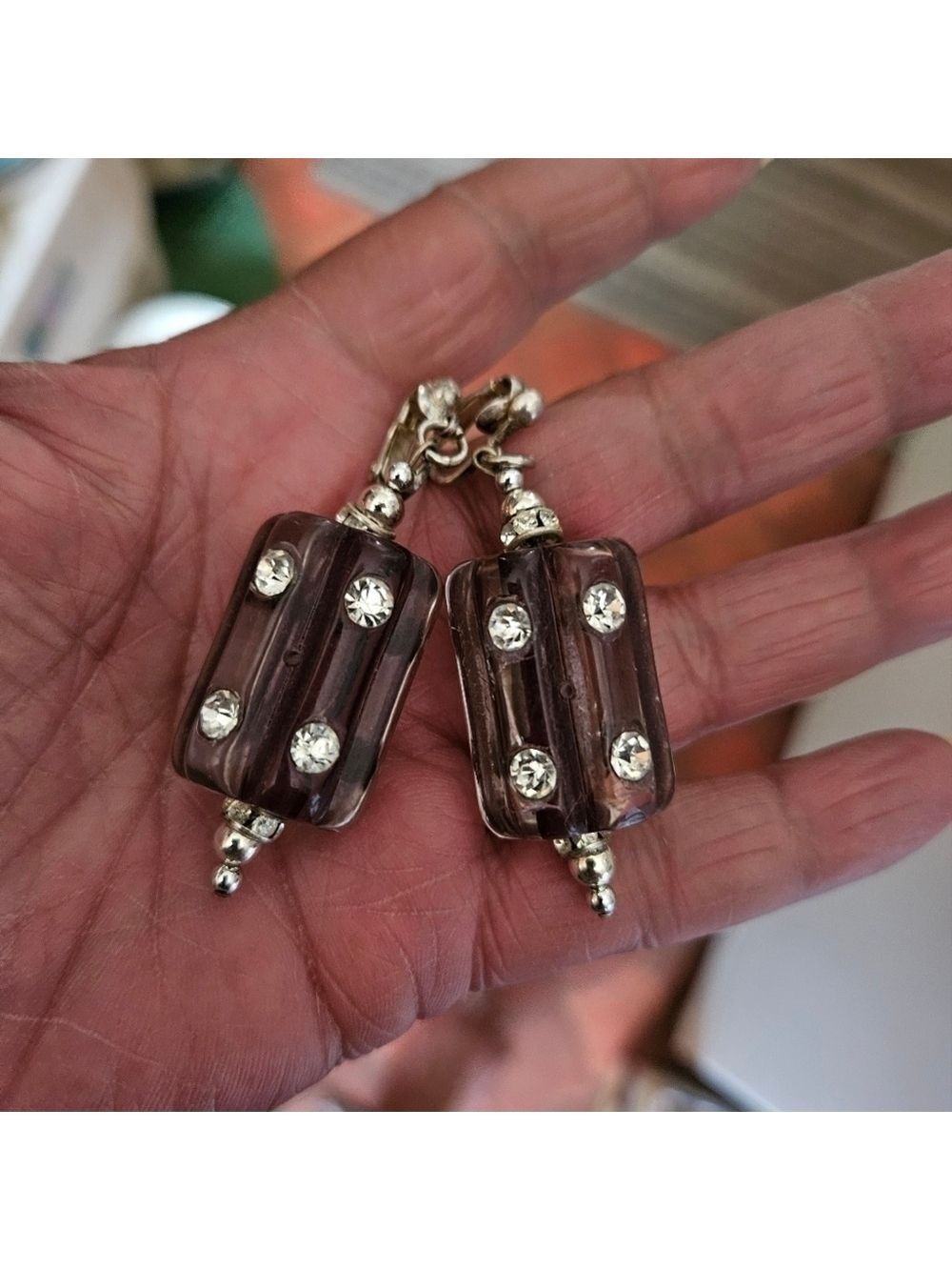 Vintage 60s Grape-colored Lucite & Rhinestone Cube Clip-on Earrings